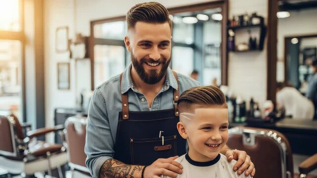 Male barber giving boy an undercut hairstyle with shaved side designs in a professional barbershop for a modern young look.