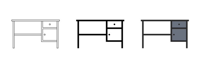 Modern office desk table icon set in outline, solid black and flat style. Perfect for UI, app, web, furniture catalog, workspace, interior design, and business illustrations.