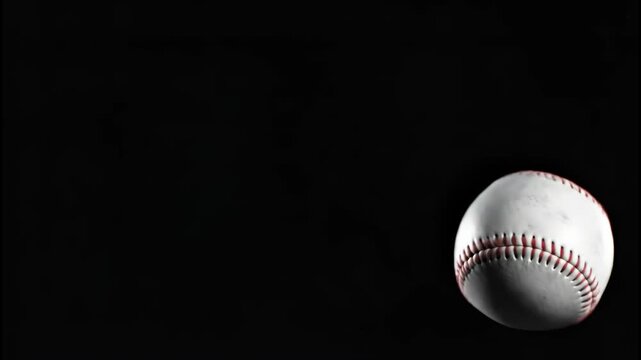A white baseball with red stitching is positioned on the lower right side against a plain black background