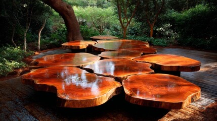 Polished reclaimed wood planks artfully layered to form organic outdoor furniture or sculptural installation in a natural garden setting