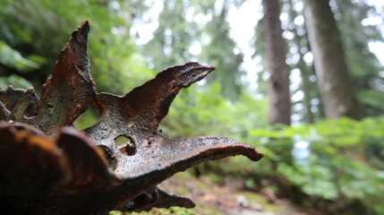 Fragmented, displaced edges of weathered keratinous horn in a natural forest setting, showcasing organic decay and intricate texture.