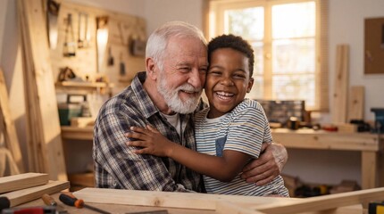 Grandfather grandson hugging laughing celebrating intergenerational family bond International Hug Day for senior lifestyle parenting editorial content