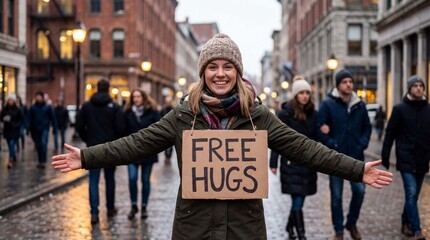 Woman volunteer holding free hugs sign with open arms on city street celebrating International Hug Day January kindness campaign