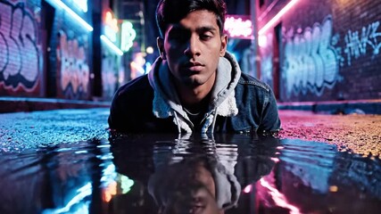 A young man wearing a denim jacket with a hood up peers down into a reflective puddle on a wet urban street at night