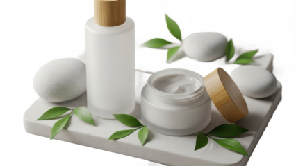 Cosmetic products with stones and leaves on transparent background