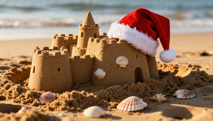 Sandcastle wearing Santa hat on sandy beach with scattered seashells and ocean