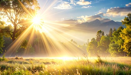 A serene landscape with a bright sun shining over a lush green meadow surrounded by trees and mountains