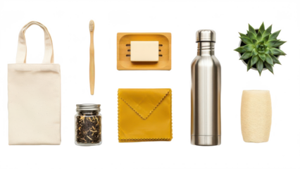 Eco friendly items arranged on transparent background