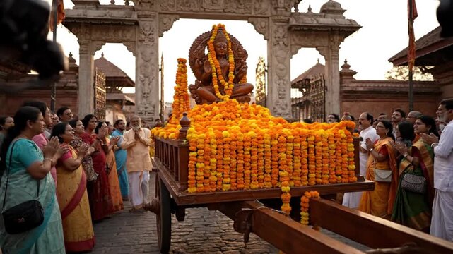 Vibrant Hindu religious procession with devotees honoring a flower-adorned deity carried on a ceremonial cart