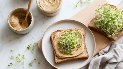 Preparing toast with peanut butter and sprouts in a kitchen setting