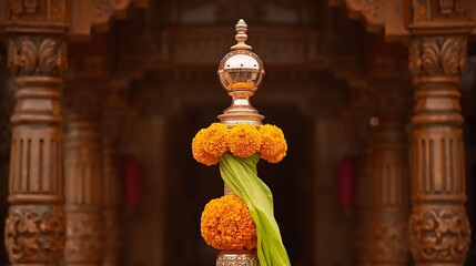 Traditional Gudi Padwa Gudi Decoration with Kalash and Flowers Celebrating Marathi New Year