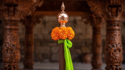 Traditional Gudi Padwa Gudi Decoration with Kalash and Flowers Celebrating Marathi New Year