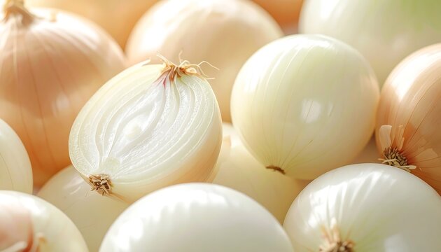 Close-up of peeled and whole onions showing layered textures in a realistic kitchen prep scene, highlighting freshness, natural detail, and everyday cooking ingredients.