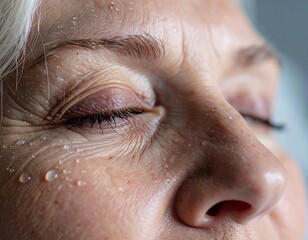 Intense Close-up of Senior Model with Fine Water Beads Around the Eyes