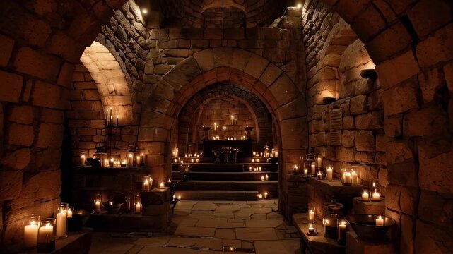 Ancient stone crypt illuminated by numerous candles casting warm