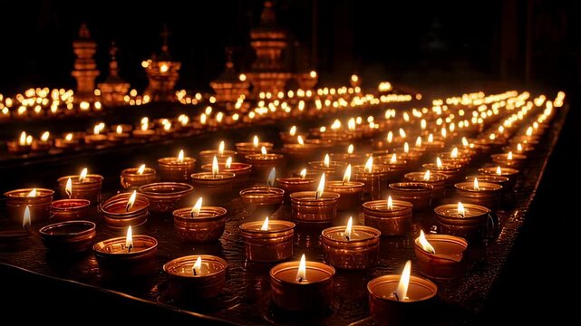 Rows Of Lit Candles In Golden Holders Illuminated By Soft Warm Light