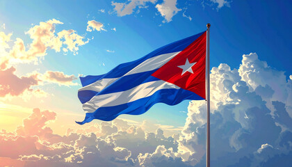 Cuban flag waving proudly against a vibrant sky