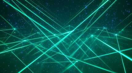 Energetic streams of neon green and cyan light forming an abstract network with scattered points against a starry dark background, a futuristic digital design.