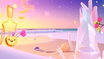 Dreamy Beachscape: Pastel Colors, Whimsical Objects, and Serene Ocean View