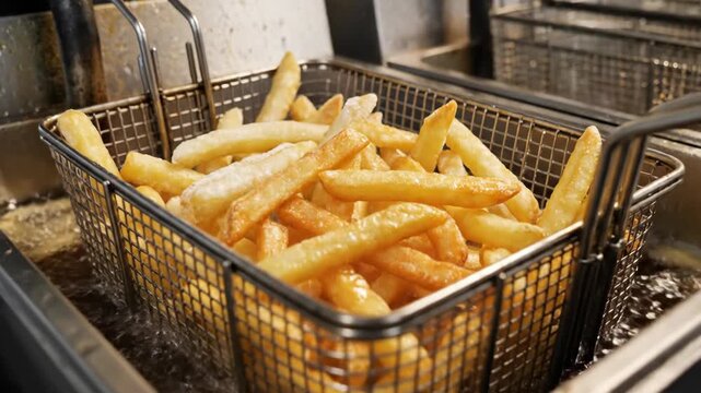 French fries are deep fried in oil contained in a rectangular metal basket submerged in a larger industrial cooking vessel