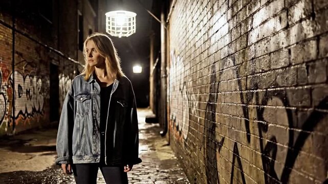 A woman stands alone in a dimly lit alleyway with brick walls covered in graffiti, illuminated by a single light source