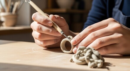 Close-up of hands sculpting small clay objects with a tool on a wooden worktable.