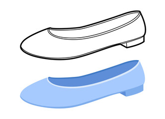 Blue ballet flat shoe women flat pair. Minimal round toe footwear for office commute weekend stroll. Technical fashion illustration CAD mockup soft vector man unisex isolated contemporary style.