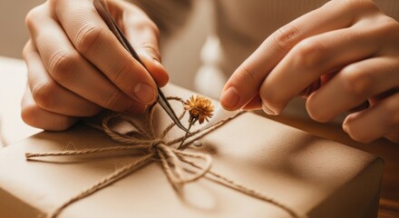 Close-up of hands tying a twine bow with a flower on a gift box in warm lighting.