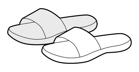 Slide sandal shoe women sketch pair. One strap open toe sandal for casual beach outfit. Technical fashion illustration CAD mockup vector man unisex isolated classic style.