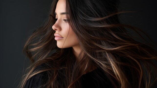 Portrait of a woman with flowing hair in a dark setting during a creative session