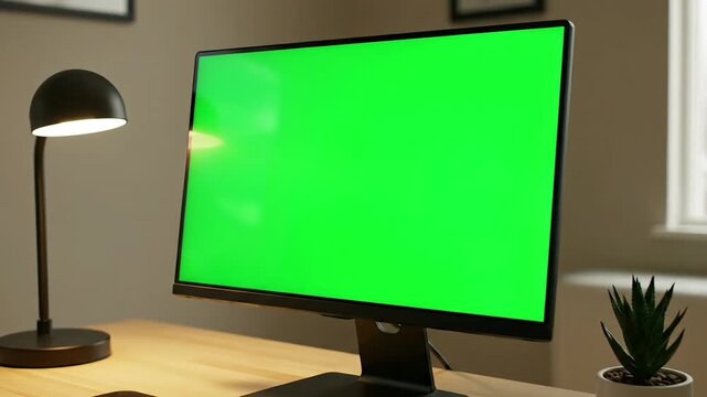 Modern Desktop Computer Monitor with Green Screen Display.