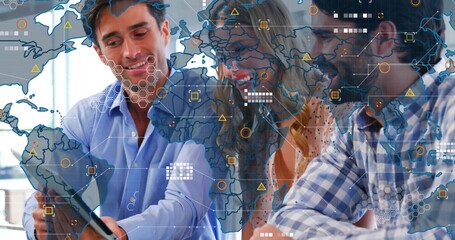 Leaning three colleagues analyzing tablet data at meeting table, business casual glasses overlay