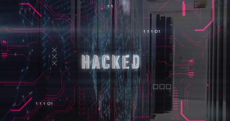 Displaying server racks showing glitchy HACKED overlay in server aisle, with LEDs and HUD