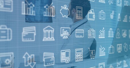 Man in white shirt, dark blazer reviewing dashboards on many monitors at workspace with HUD icons