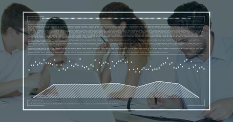 Leaning five office workers in shirts reviewing reports at white table in office, with HUD overlay