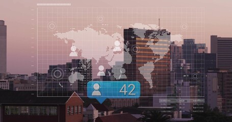 Displaying translucent map HUD covering cityscape at dusk, showing blue 42 badge and user icons