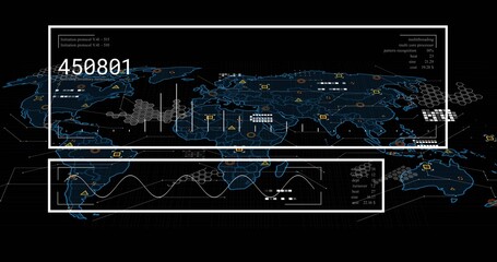 Displaying world-map dashboard on console, showing two white frames, waveform, numeric 450801
