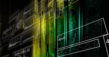 Displaying rack-mounted server column flashing LED indicators inside data center, with HUD overlays