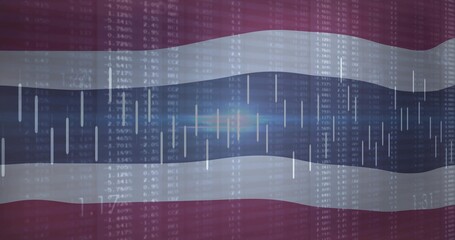 Showing Thai flag waving in digital art, displaying candlestick charts, numbers, central flare