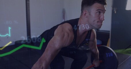 Lifting weightlifter in gym wearing black tank and dark pants, gripping loaded barbell with metrics