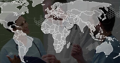 Discussing global data, medical team reviewing overlay in hospital, wearing lab coat and scrubs