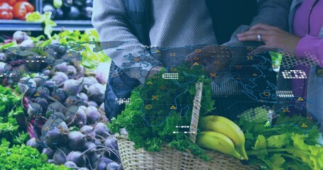 Holding basket greens-bananas, couple wearing gray-sweater purple-top, ring, map-overlay at market