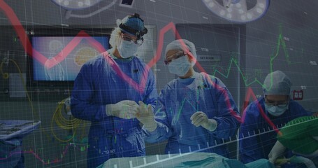 Operating surgical team preparing patient in OR, wearing gowns and headlamp, overlaying graphs