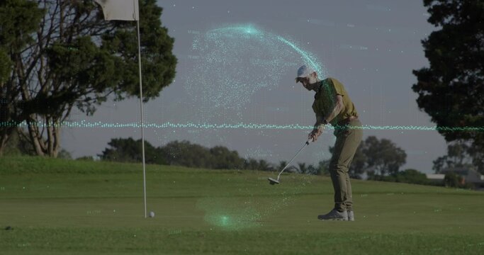 Aligning golfer putting on green, cap, gripping putter, ball by flagstick, teal overlay, copy space - Powered by Adobe