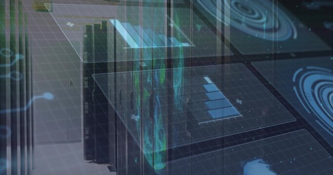Displaying server racks in data center projecting holographic UI, waterfall data, LED lights - Powered by Adobe