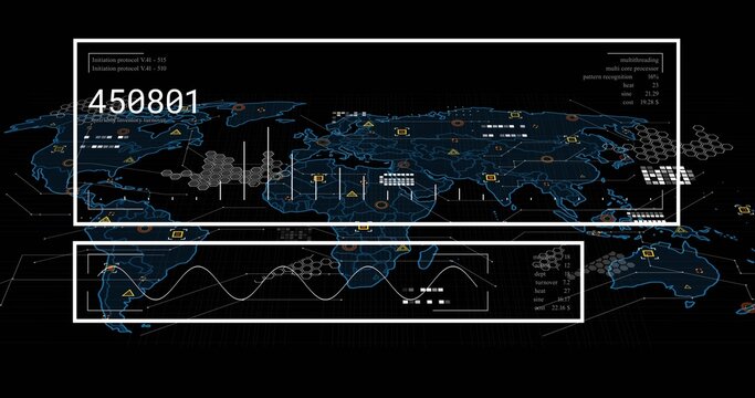 Displaying world-map dashboard on console, showing two white frames, waveform, numeric 450801 - Powered by Adobe