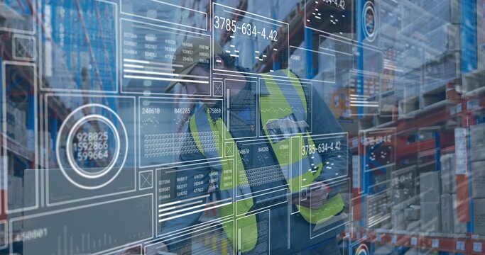 Scanning worker wearing hi-vis vest in warehouse aisle, viewing AR overlays and stacked boxes - Powered by Adobe