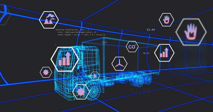 Rendering neon-blue wireframe semi truck in virtual grid tunnel, with hex data icons and code - Powered by Adobe