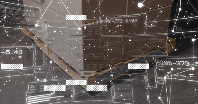 Showing open cardboard box holding packing paper on grey carpet, holographic HUD, yellow object