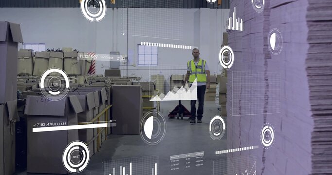 Operating adult male warehouse worker guiding pallet jack in warehouse, wearing yellow vest, HUD - Powered by Adobe